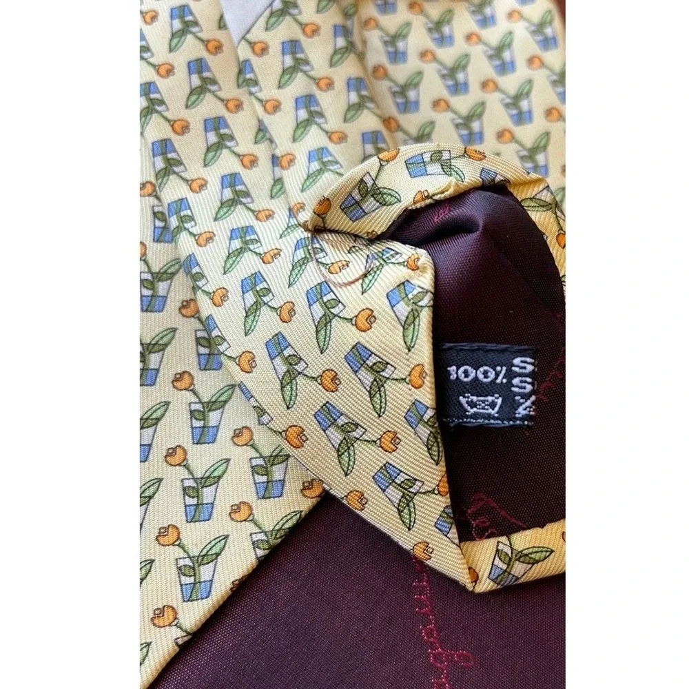 Salvatore Ferragamo Men Silk Tie Yellow Orange Potted Tulip Flower Made in Italy